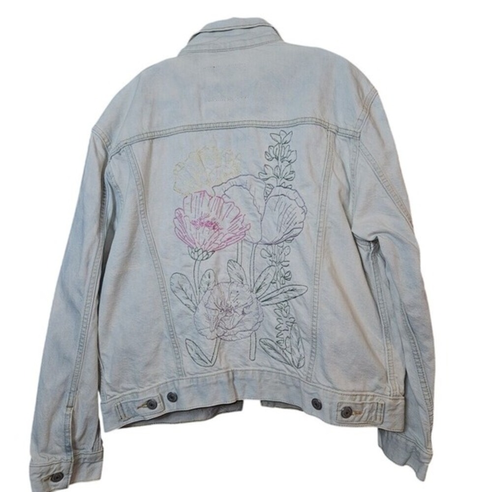 Levis Womens L Original Trucker Jean Jacket Light Wash Blue Floral Embroidered - Picture 2 of 5